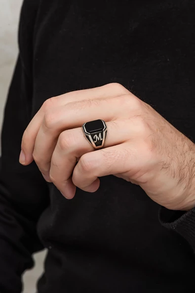 Siyah Oniks Taşlı Harfli Gümüş Erkek Yüzük - 12