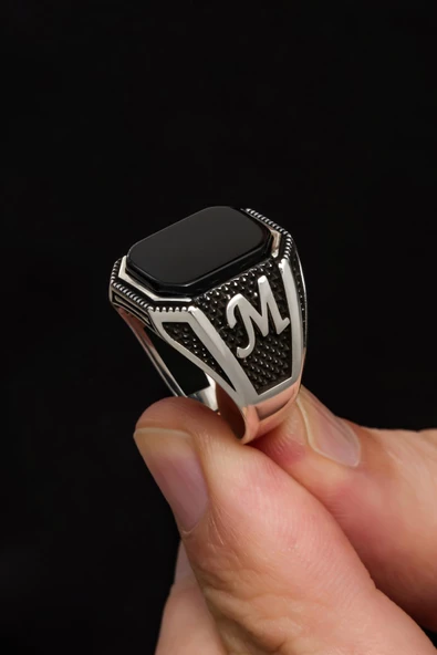Siyah Oniks Taşlı Harfli Gümüş Erkek Yüzük - 11
