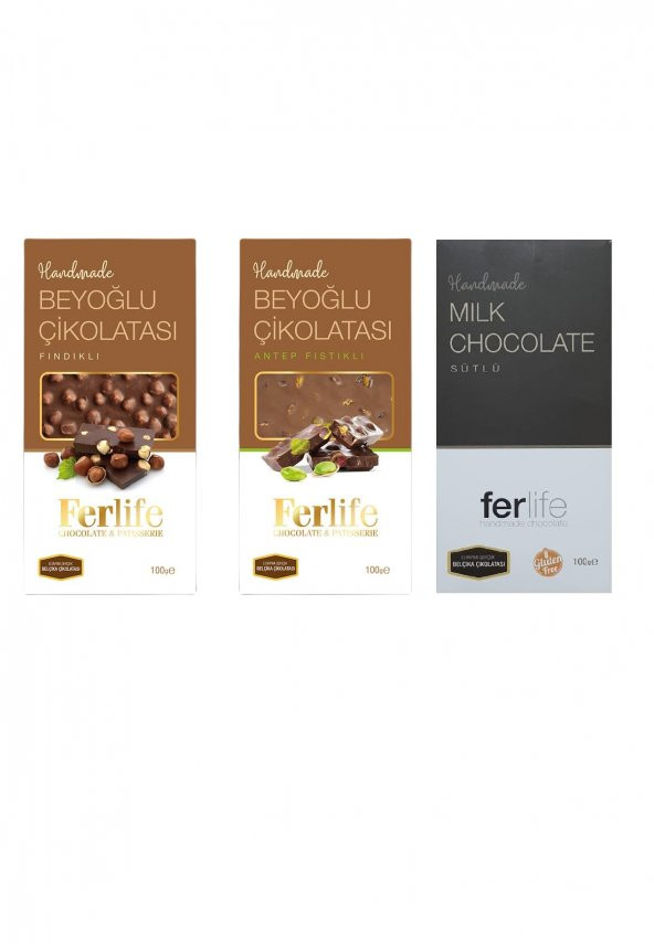 Ferlife El Yapımı Beyoğlu Çikolatası Antep Fıstıklı Fındıklı ve Sütlü 100 gr 3 Adet Glutensiz