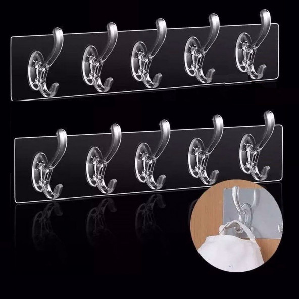 2 Adet 5 Li Yapışkanlı Şeffaf Duvar Askısı Banyo Mutfak Düzenleyici Askı Pratik Askılık - 2