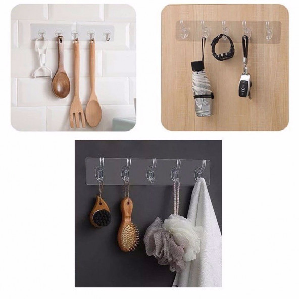 2 Adet 5 Li Yapışkanlı Şeffaf Duvar Askısı Banyo Mutfak Düzenleyici Askı Pratik Askılık - 3