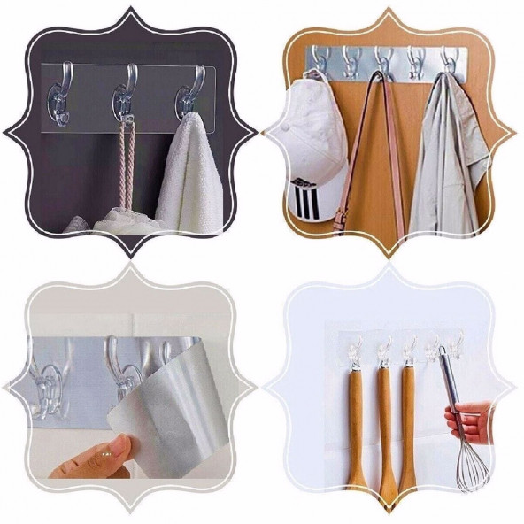 2 Adet 5 Li Yapışkanlı Şeffaf Duvar Askısı Banyo Mutfak Düzenleyici Askı Pratik Askılık - 4
