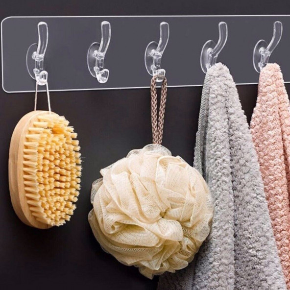 2 Adet 5 Li Yapışkanlı Şeffaf Duvar Askısı Banyo Mutfak Düzenleyici Askı Pratik Askılık - 5