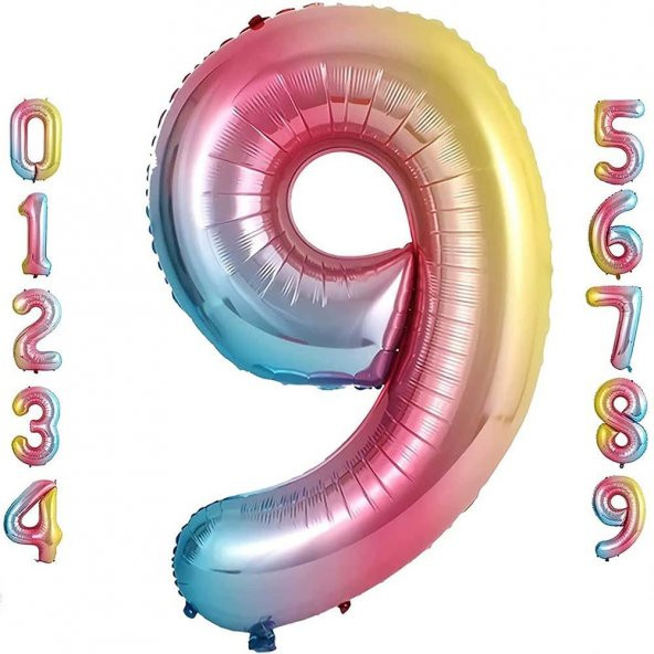 9 Dokuz Rakam Gökkuşağı Folyo Balon 34" Inc 76 cm