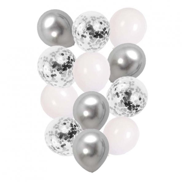 12 İnç Beyaz Gümüş ve Konfetili Karışık Balon 10 Adet