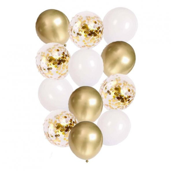 12 İnç Beyaz Gold ve Konfetili Karışık Balon 10 Adet