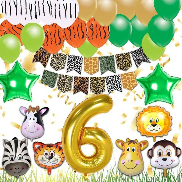 Safari Konsepti 6 Yaş Doğum Günü Parti Kutlama Seti Rakam ve Yıldız Folyo, Banner ve Balon Zinciri