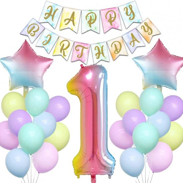 Gökkuşağı Konsepti 1 Yaş Doğum Günü Parti Kutlama Seti Rakam ve Yıldız Folyo, Banner ve Makaron Balon