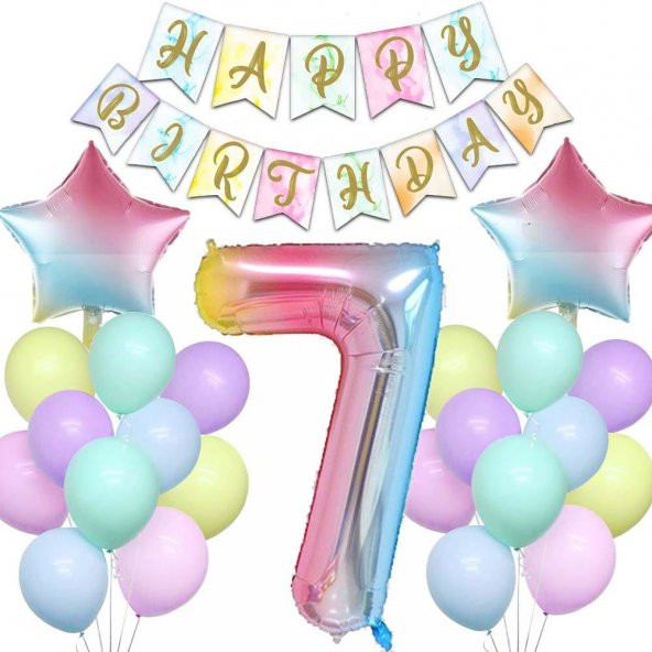 Gökkuşağı Konsepti 7 Yaş Doğum Günü Parti Kutlama Seti Rakam ve Yıldız Folyo, Banner ve Makaron Balon