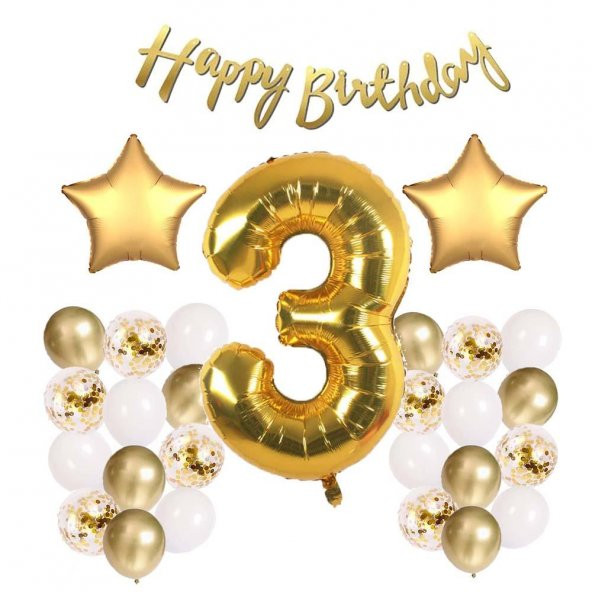 Gold Konsept 3 Yaş Doğum Günü Kutlama Seti Beyaz Gold Konfetili Balon, Rakam Yıldız Folyo ve Banner
