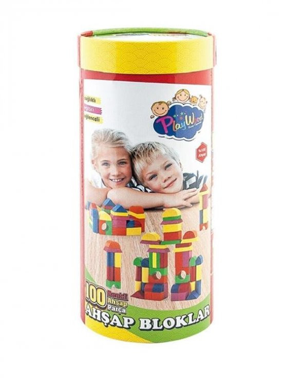 Playwood Silindir Kutuda 100 Parça Renkli Ahşap Bloklar