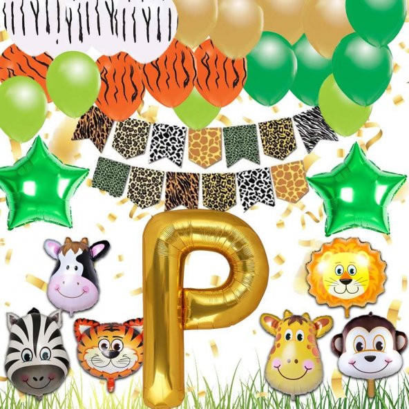 Safari Konsepti P Harfli Doğum Günü Parti Kutlama Seti Harf ve Yıldız Folyo, Banner ve Balon Zinciri