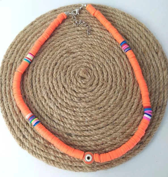 Nazar Boncuklu Neon Turuncu Fimo Kolye Bijuteri Takı