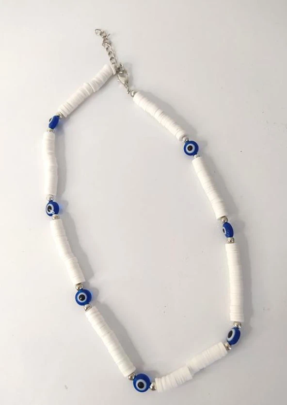 Beyaz Nazar Boncuklu Fimo Kolye Bijuteri Takı Aksesuar - 2