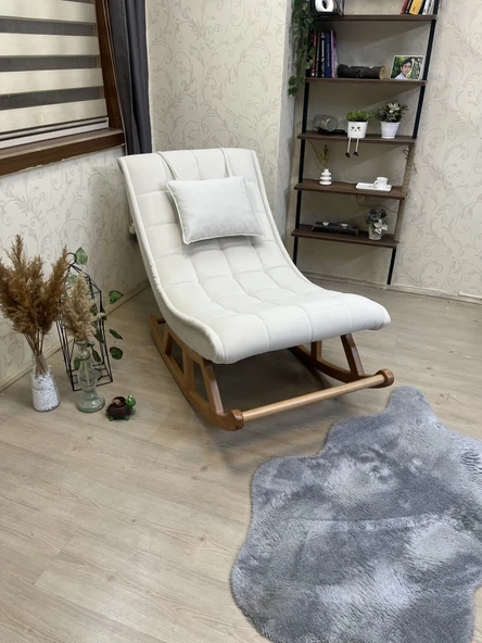 Asedia Miskin Naturel Krem Ahşap Sallanan Sandalye Dinlenme Emzirme Baba Tv Okuma Uzanma Koltuğu Berjer - 2