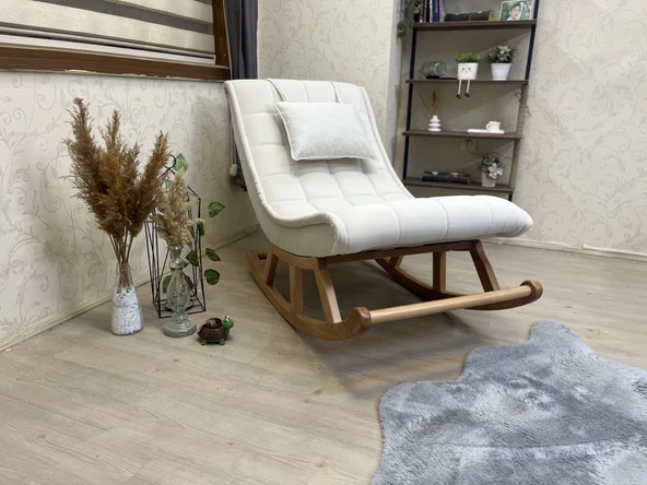 Asedia Miskin Naturel Krem Ahşap Sallanan Sandalye Dinlenme Emzirme Baba Tv Okuma Uzanma Koltuğu Berjer - 3