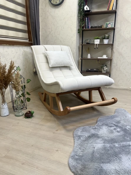 Asedia Miskin Naturel Krem Ahşap Sallanan Sandalye Dinlenme Emzirme Baba Tv Okuma Uzanma Koltuğu Berjer - 6