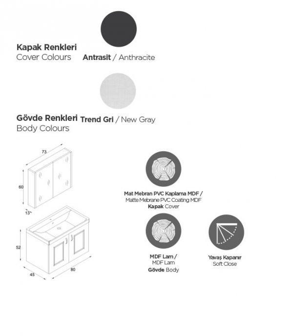 KAREN BANYO ARİN BANYO DOLABI TAKIMI MDF, 80 CM, ANTRASİT - 5