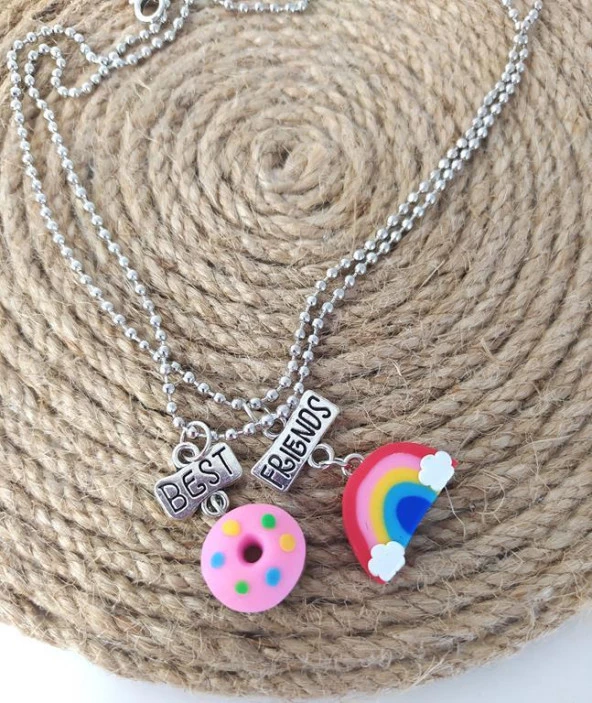 Best Friend Arkadaşlık Çift Kolye Donut Gökkuşağı Bijuteri Takı Aksesuar - 2