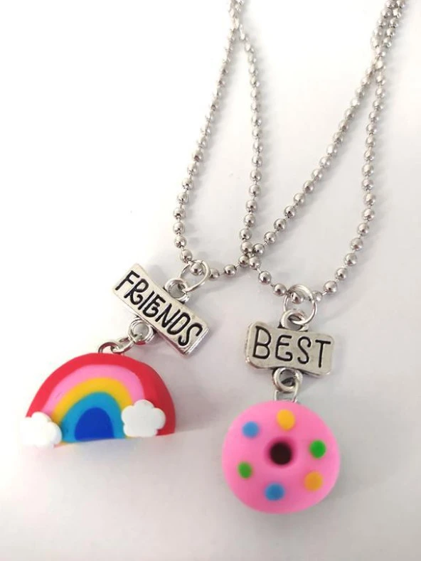 Best Friend Arkadaşlık Çift Kolye Donut Gökkuşağı Bijuteri Takı Aksesuar - 3