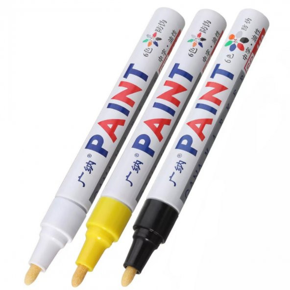 Oto Lastik Yazı Kalemi 3'lü Set Beyaz-Sarı-Siyah Lastik Boya Kalemi Yazı Renklendirme Kalemi