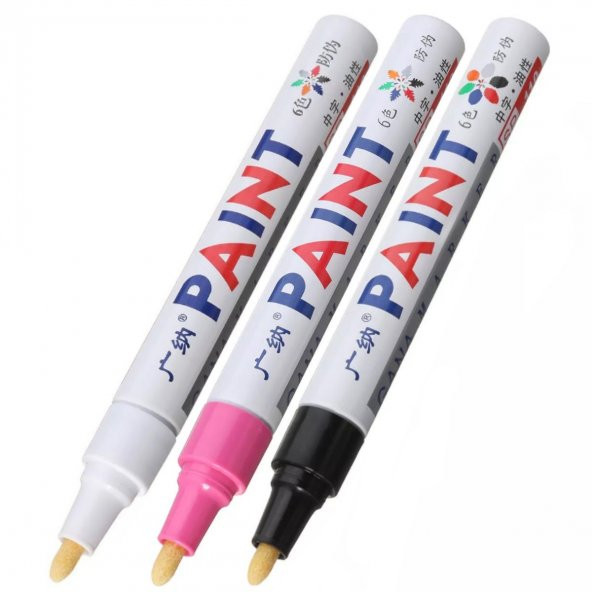 Oto Lastik Yazı Kalemi 3'lü Set Beyaz-Pembe-Siyah Lastik Boya Kalemi Yazı Renklendirme Kalemi