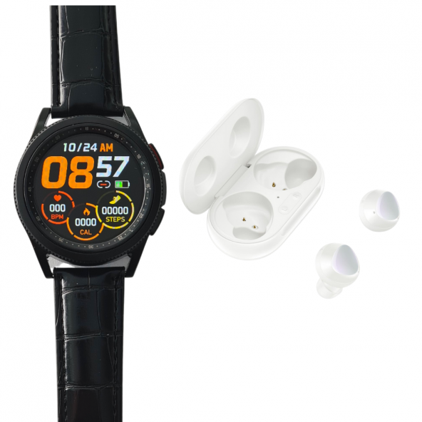 TWS Watch 4 LRD Classic 46mm Siyah Deri Kordonlu Akıllı Saat ve Buds Plus Beyaz ürün görseli