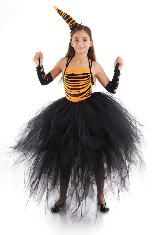 Halloween Turuncu Renkli Kız Çocuk Angele Cadı Kostümü - Halloween Kız Çocuk Cadı Elbisesi - Özel Koleksiyon