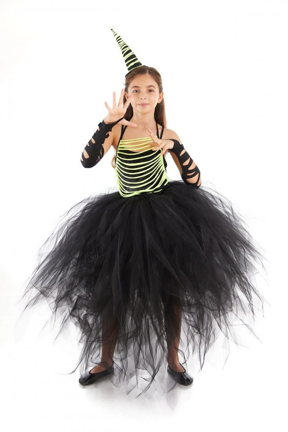 Halloween Sarı Renkli Kız Çocuk Angele Cadı Kostümü - Halloween Kız Çocuk Cadı Elbisesi - Özel Koleksiyon