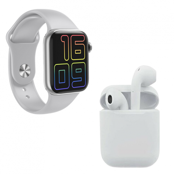 Premium Set HW12 Full Ekran Akıllı Saat Gri Bluetooth i12 İnpods Kulaklık - Resim 2