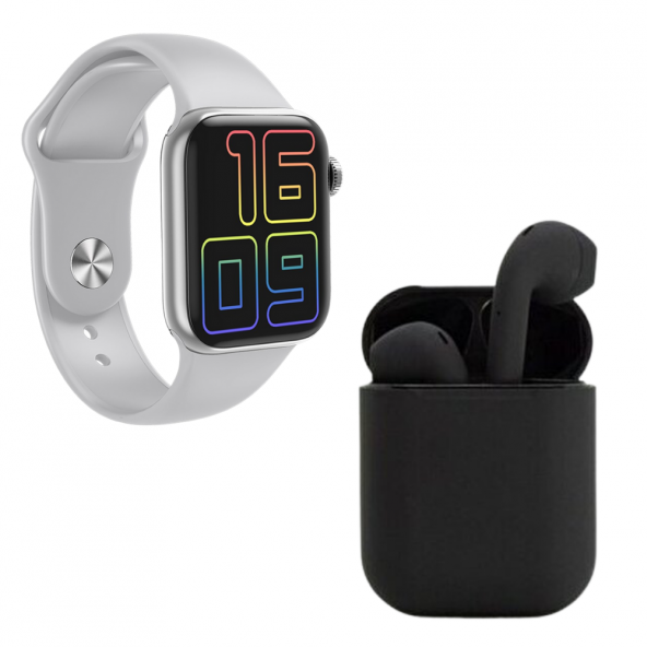 Premium Set Full Ekran Akıllı Saat Siyah Bluetooth i12 İnpods Kulaklık - Resim 2