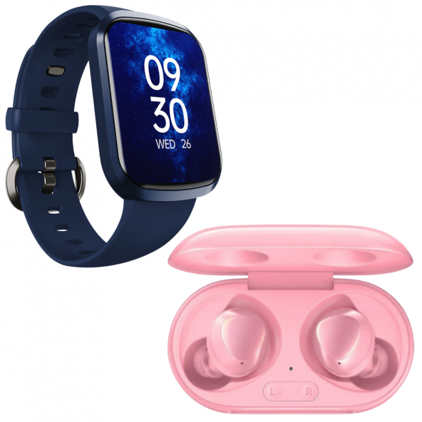 Samsung Uyumlu Galaxy Buds+ Pembe Bluetooth Kulaklık Smartwatch Mavi Akıllı Saat - 2