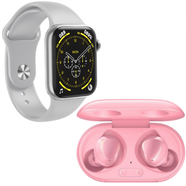 Samsung Uyumlu Galaxy Buds+ Pembe Bluetooth Kulaklık Smartwatch Gri Silikon Ve Hasır Kordonlu Akıllı Saat - 2