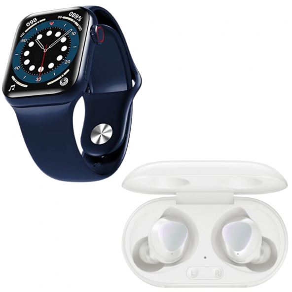 Samsung Uyumlu Galaxy Buds+ Beyaz Bluetooth Kulaklık Full Ekran Smartwatch Mavi Akıllı Saat - 2