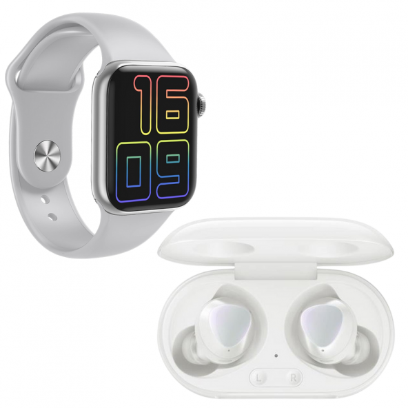 Samsung Uyumlu Galaxy Buds+ Beyaz Bluetooth Kulaklık Full Ekran Smartwatch Gri Akıllı Saat - 2