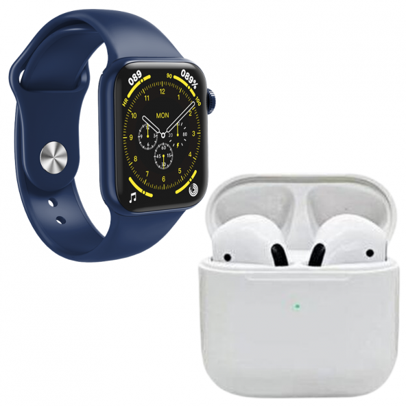 Pro 5 Beyaz Bluetooth Kulaklık  Smartwatch Mavi Silikon Ve Hasır Kordonlu Akıllı Saat - 2
