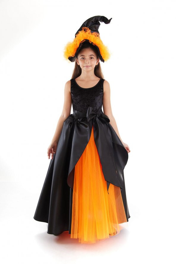 Halloween Turuncu Renkli Kız Çocuk İzabel Cadı Kostümü - Halloween Kız Çocuk Cadı Elbisesi - Özel Koleksiyon