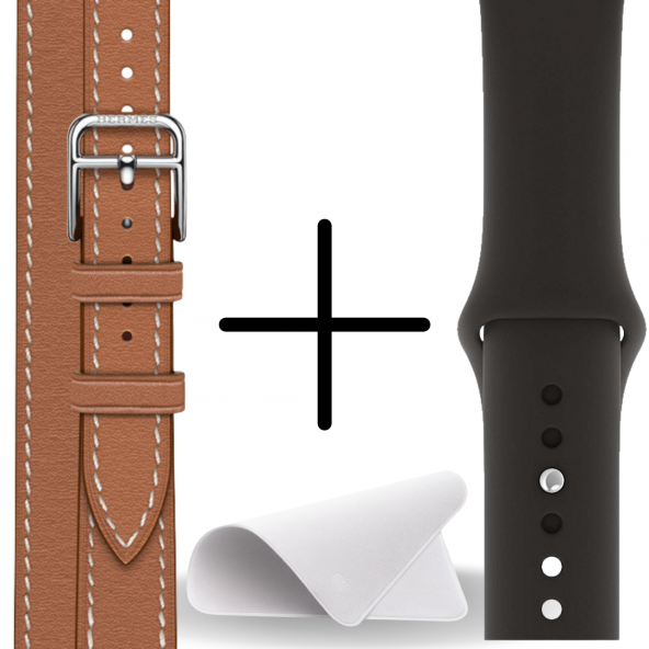 Watch Hermes 44MM Akıllı Saat Kahverengi Çift Kordon Temizleme Bezi Hediyeli Set - Resim 3