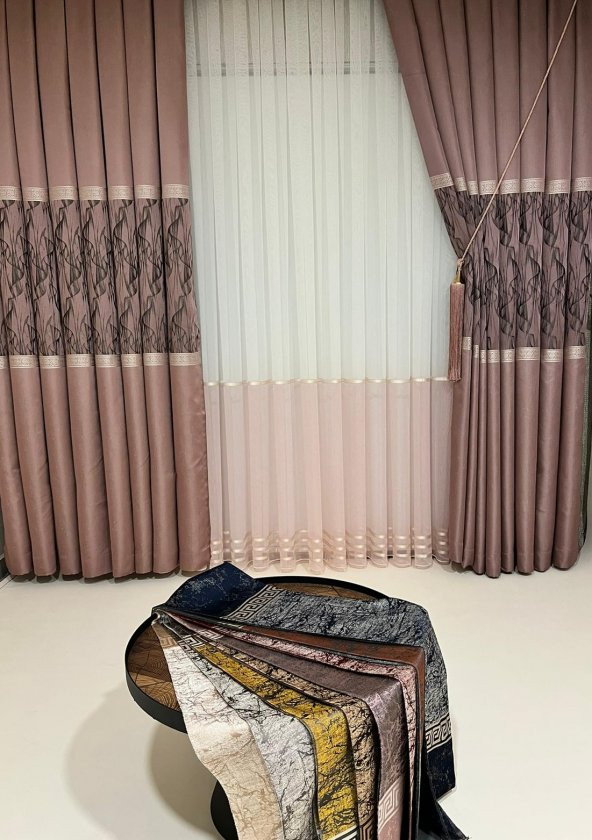 NİVEMESHOME REİNA PEMBE/GOLD 1/3 SIK PİLE TÜL PERDE APM