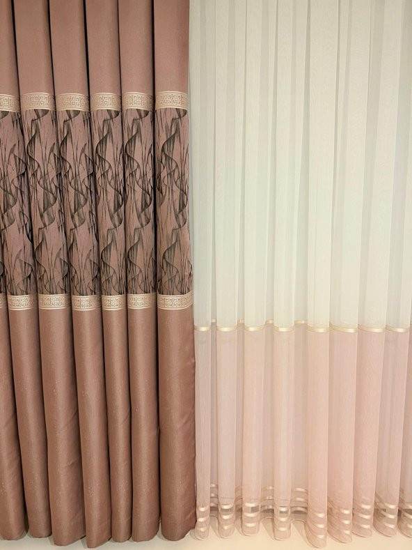 NİVEMESHOME REİNA PEMBE/GOLD 1/3 SIK PİLE TÜL PERDE APM - 2