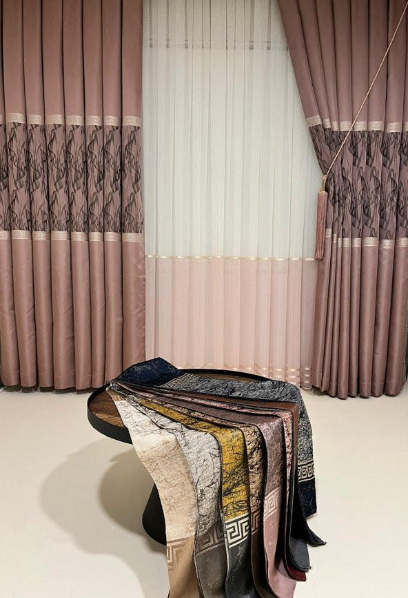 NİVEMESHOME REİNA PEMBE/GOLD 1/3 SIK PİLE TÜL PERDE APM - 4