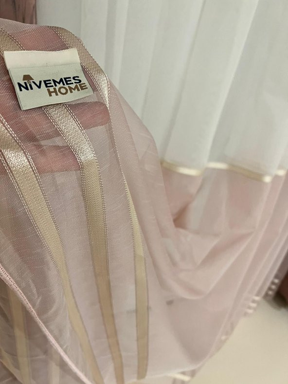 NİVEMESHOME REİNA PEMBE/GOLD 1/3 SIK PİLE TÜL PERDE APM - 5