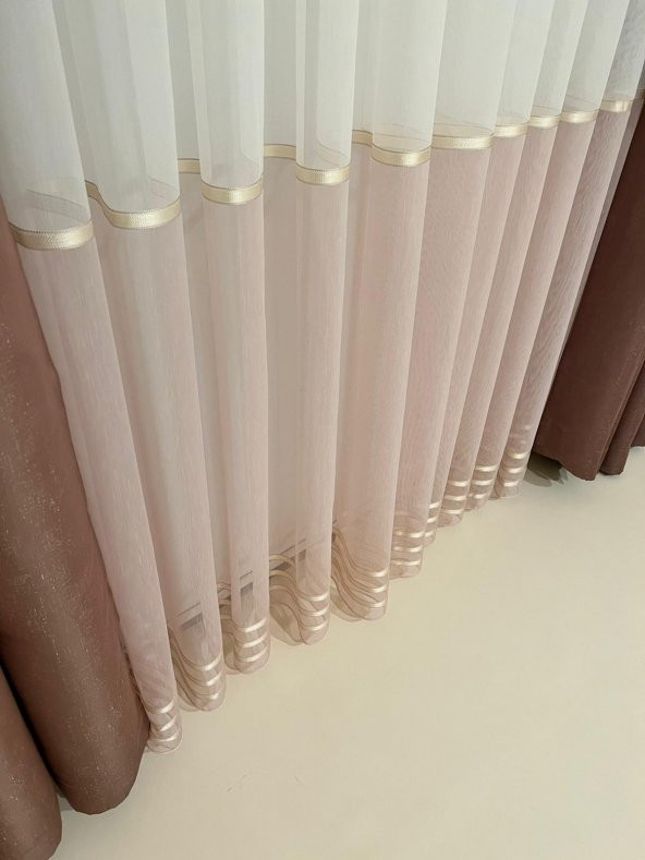 NİVEMESHOME REİNA PEMBE/GOLD 1/3 SIK PİLE TÜL PERDE APM - 9