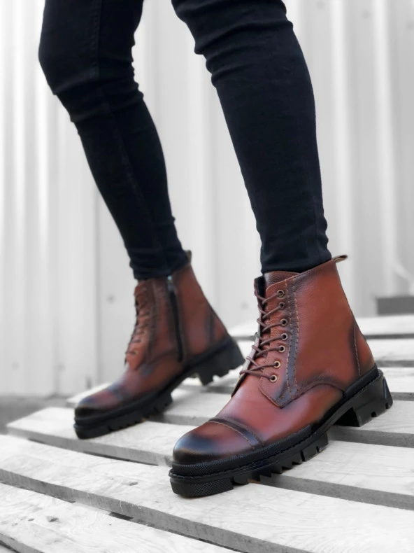 BA0187 İçi Dışı Hakiki Deri Taba Erkek Fermuarlı Yarım Bot ürün görseli 1