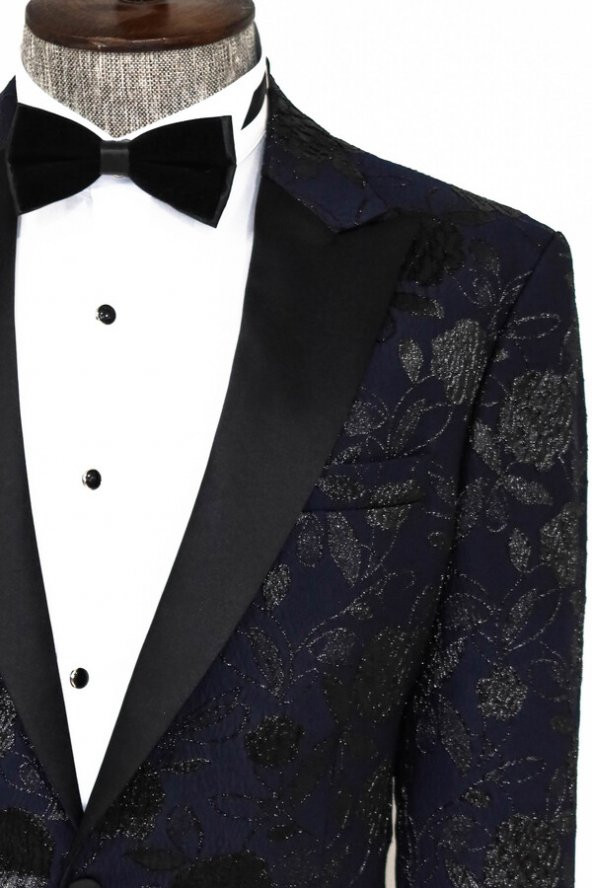 Lacivert Simli Floral Desenli Smokin Ceketi - 3