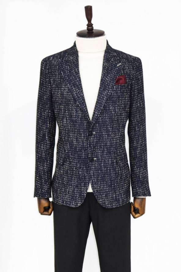 Desenli Slim Fit Spor Lacivert Erkek Ceket - 4