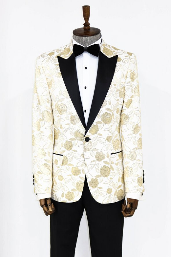 Beyaz Simli Floral Desenli Smokin Ceketi - 9