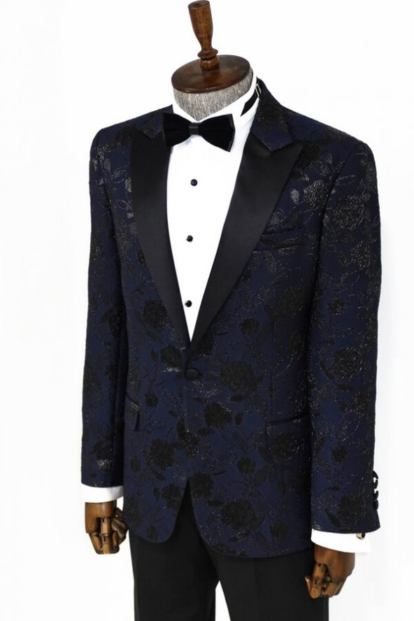 Lacivert Simli Floral Desenli Smokin Ceketi - 6