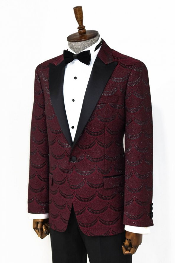 Simli Desenli Bordo Erkek Smokin Ceketi - 5