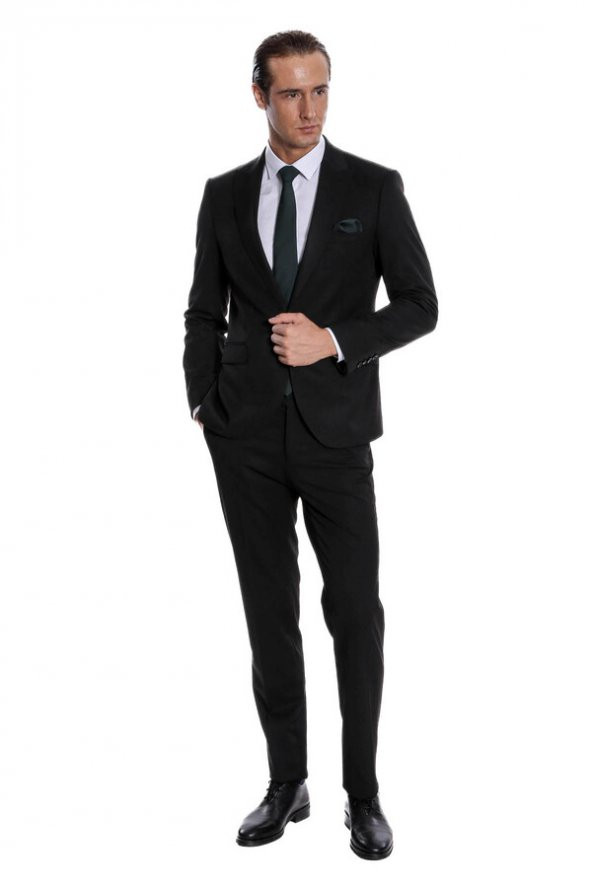 Desensiz İki Parça Slim Fit Siyah Erkek Takım Elbise - 7